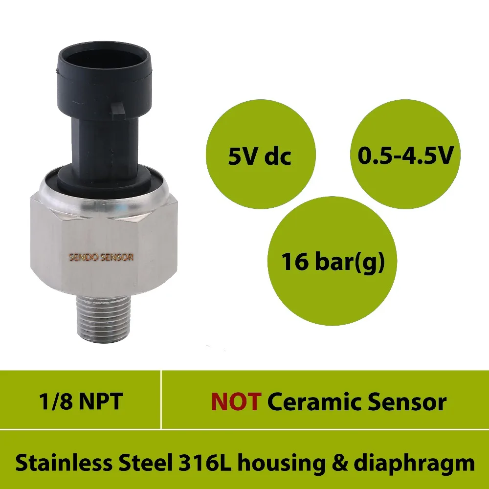 1 8NPT thread pressure transducer 0 1.6 mpa 16 bar gauge 0.5 to 4.5 Volt stainless steel 316L material oil filling 5Vdc | Инструменты