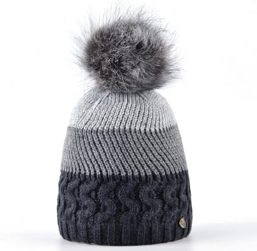 Мода г. женские зимние шапочки шляпа шапки Теплый Имитация меха мяч помпонами трикотажные шапочка для девочек зимняя шапка зима - Цвет: Gray