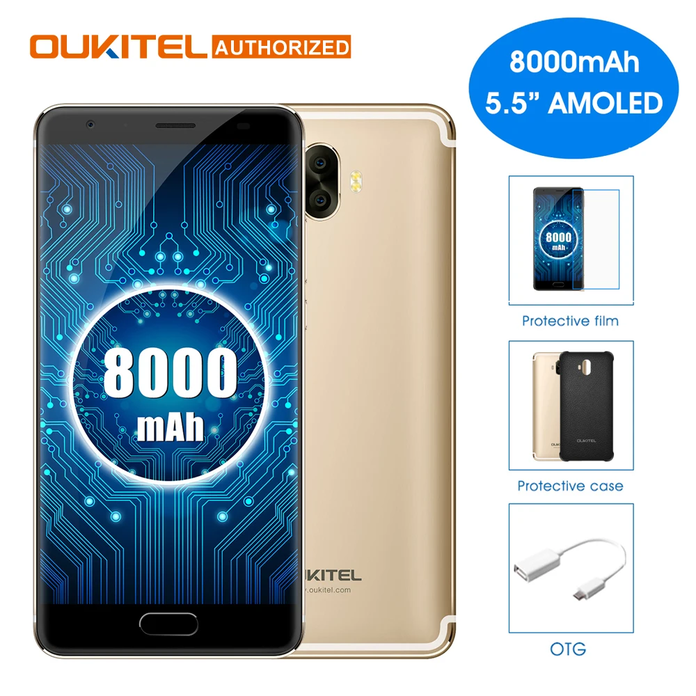OUKITEL K8000 Android 7,0 de 5,5 mobile Phone Octa Core 4 GB 64 GB 8000 mAh 13.0MP + 16.0MP cámaras traseras teléfono Celular frente Touch ID desbloquear