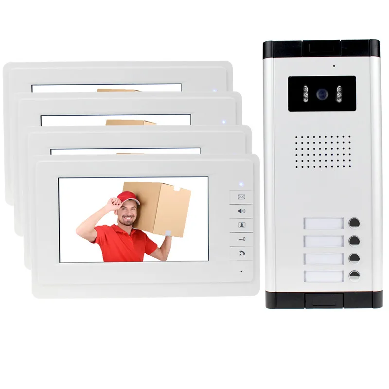 New brand 7'' color video door phone 4 monitors with 1 intercom doorbell can control 4 houses for multi apartment Free shipping