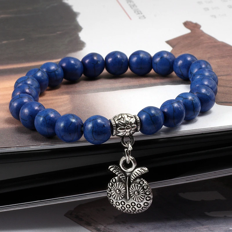 

Vintage Boho Charm Turquoises Bracelets Bangles Women Natural Stone Black Matte Lava Owl Head Pendant Beads Bracelet Men Jewelry