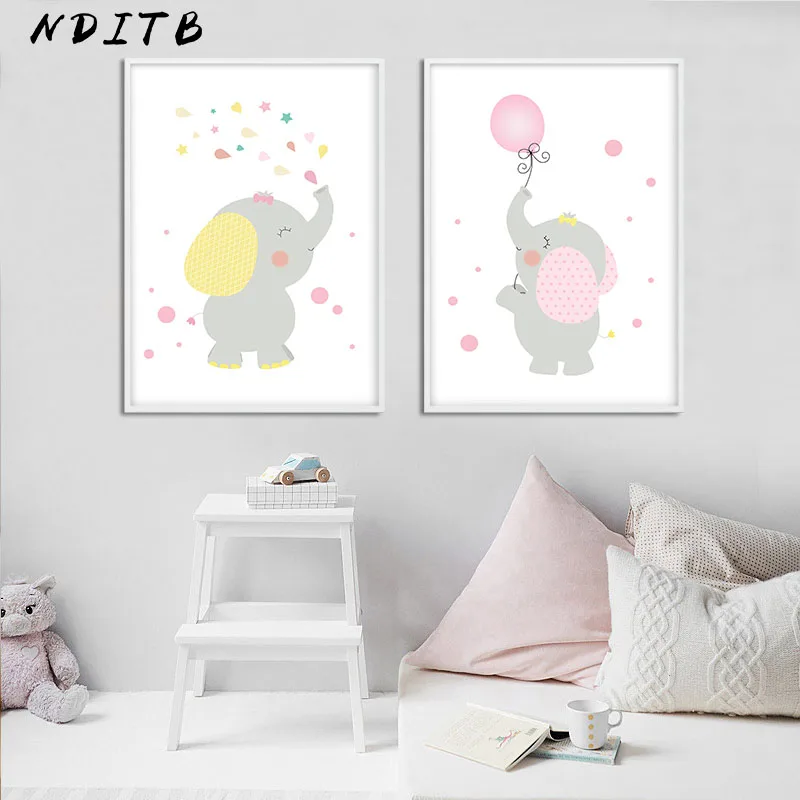 

NDITB Cartoon Elephant Balloon Wall Art Canvas Posters Nursery Prints Painting Nordic Kids Decoration Picture Baby Bedroom Decor