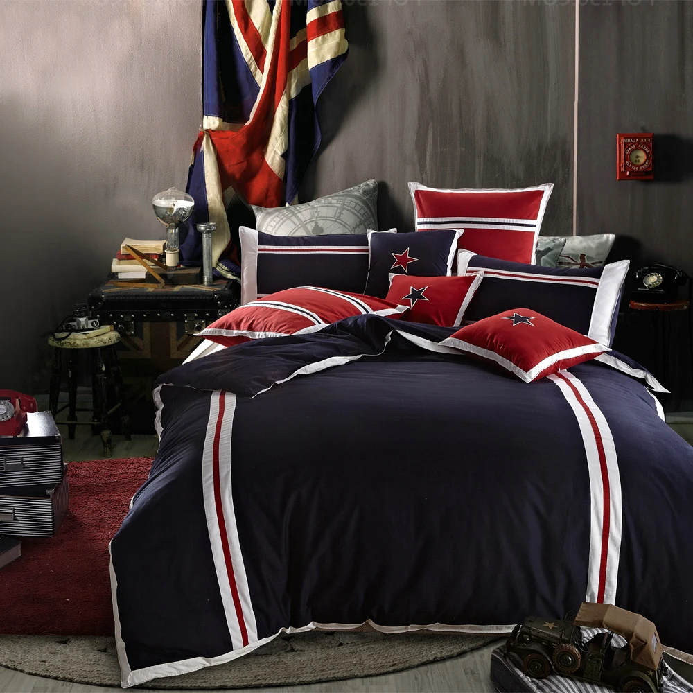 Boys Plain Sports Blue Red Bedding Sets Stripes Stars ...