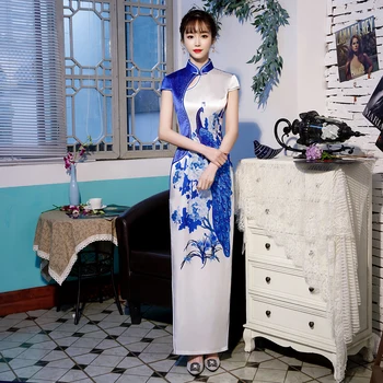 

S-4XL Womens Long Cheongsam Vintage Chinese style Dress 2019 Fashion Rayon Qipao Slim Party Dresses Button Vestido Plus Size
