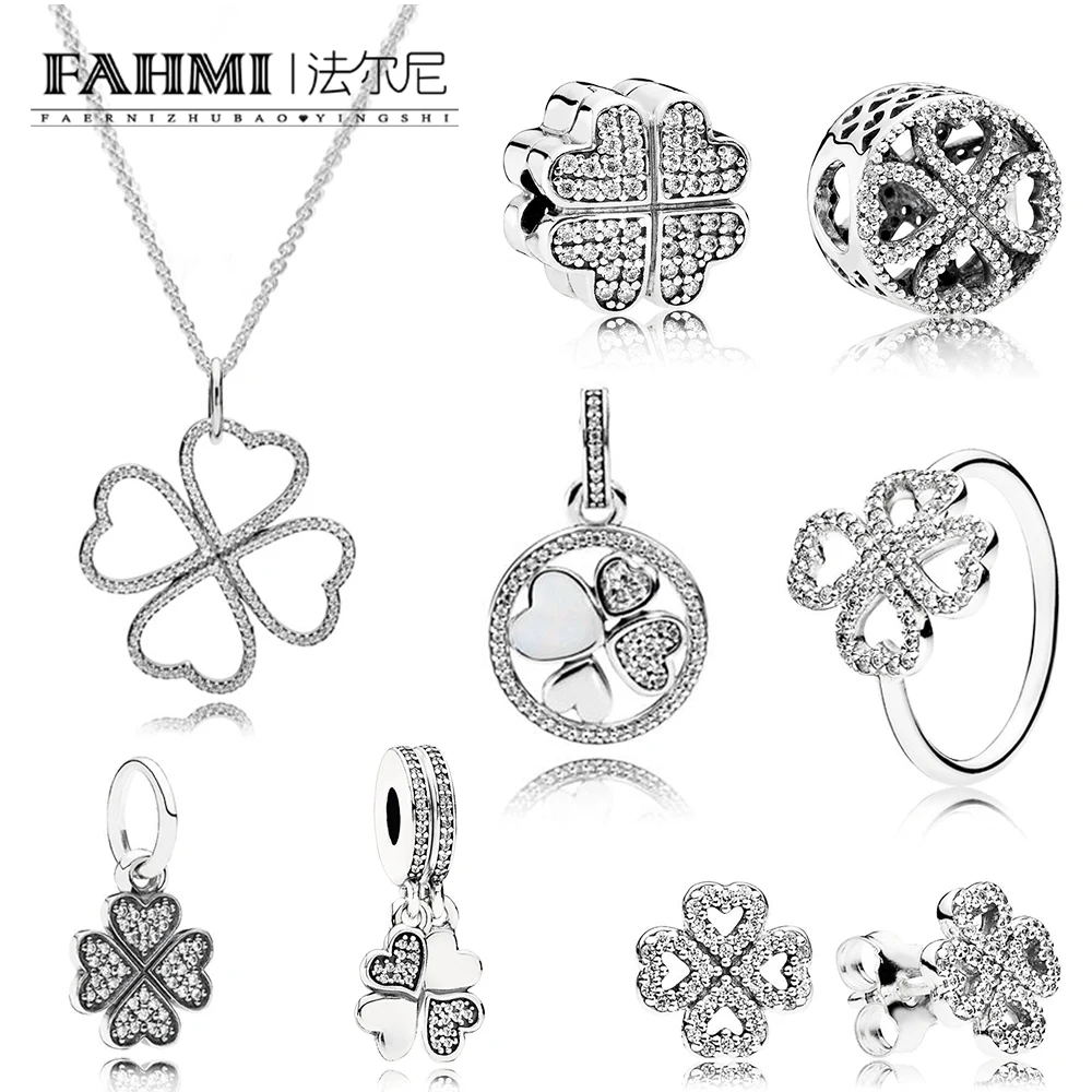 

FAHMI 100% 925 Sterling Silver Four-Leaf Clover Flower Collection Ring Stud Earrings Beaded Charm Clip Pendant Women Jewelry