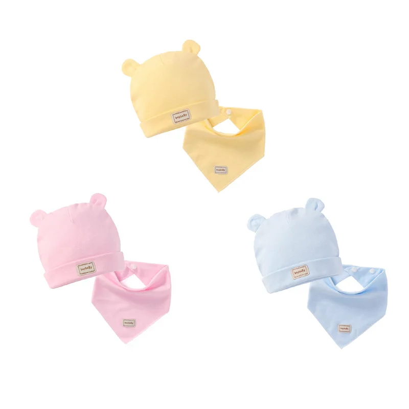 

2pcs Pure Color Newborn Baby Hat+bibs Cotton Soft Kids Spring Autumn Caps High Quality Cute Caps for Childresn