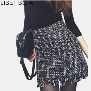 

New Arrival 2018 Women Woolen Mini Skirt Autumn Winter Vintage Straight Plaid Tassel Skater Skirt High Waist Femininas SK5583