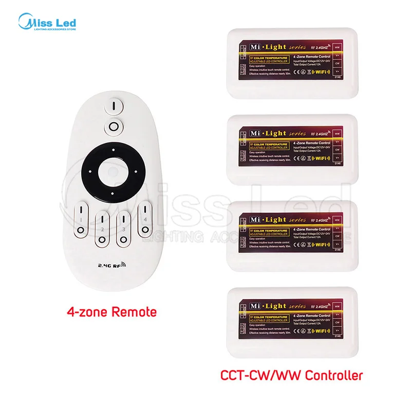 

Express 1x 2.4G remote+4xWW/CW Controller 4-zones groups control controller dimmer For Warm/Cool White Led Strip Light Lamp Bulb