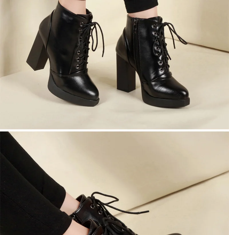 Классические женские ботинки; зимние ботинки на платформе и высоком каблуке; высококачественные черные кожаные ботильоны на шнуровке; botas femininas Inverno