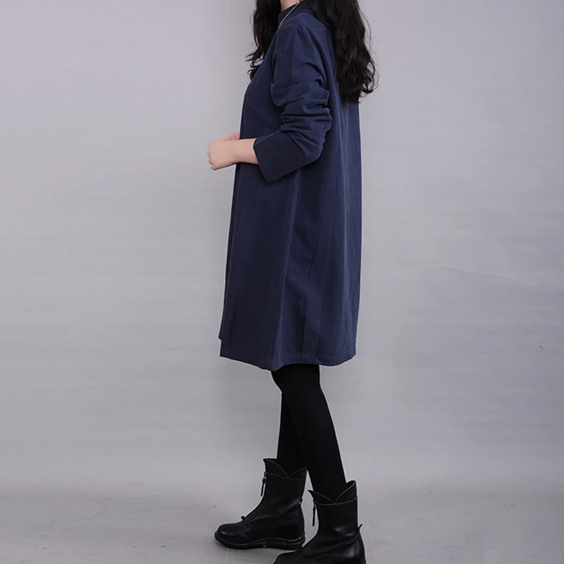 Cotton Linen Women's Long Sleeve Dress Ladies Solid Casual Loose Party Dress New