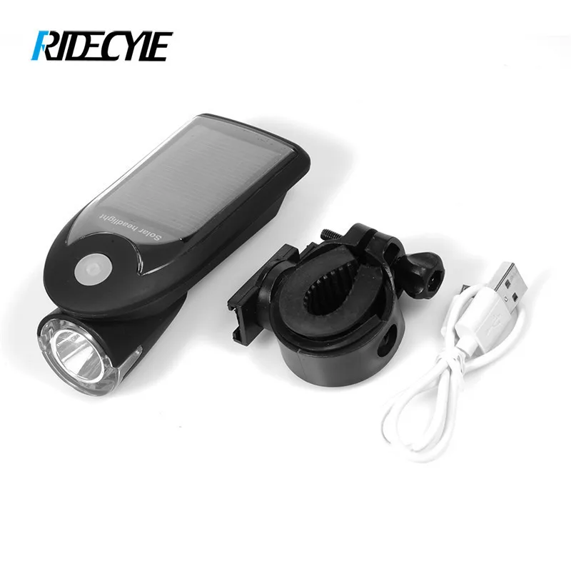 

RIDECYLE LED USB Rechargeable Bike Light Headlight Solar Energy Bicycle Front Light Waterproof With 360 Degree Rotating Mount