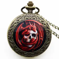 Новое поступление Ретро Бронзовый Череп с красным драконом дизайнерские карманные часы с цепочкой ожерелье