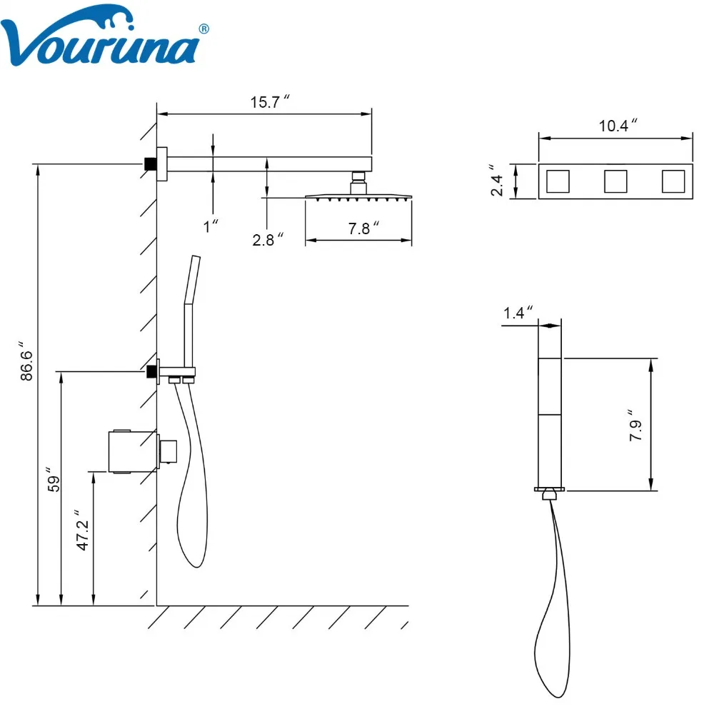 Black Shower System 8 Inch Bathroom Rain Mixer Shower Combo Set Wall Mounted Rainfall Shower Fixture 7