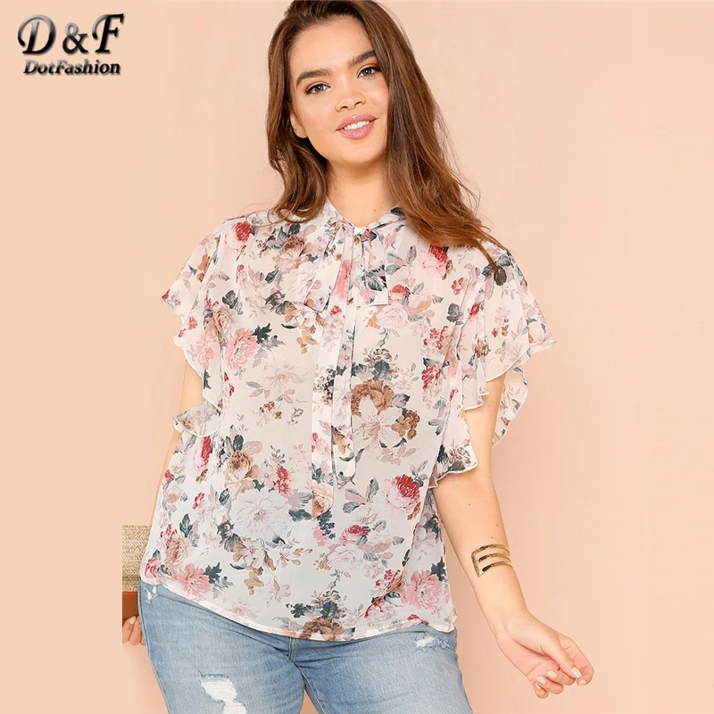 

Dotfashion Plus Size Flutter Sleeve Tied Neck Floral Womens Tops And Blouses 2019 Summer Casual Stand Collar Sleeveless Shirt