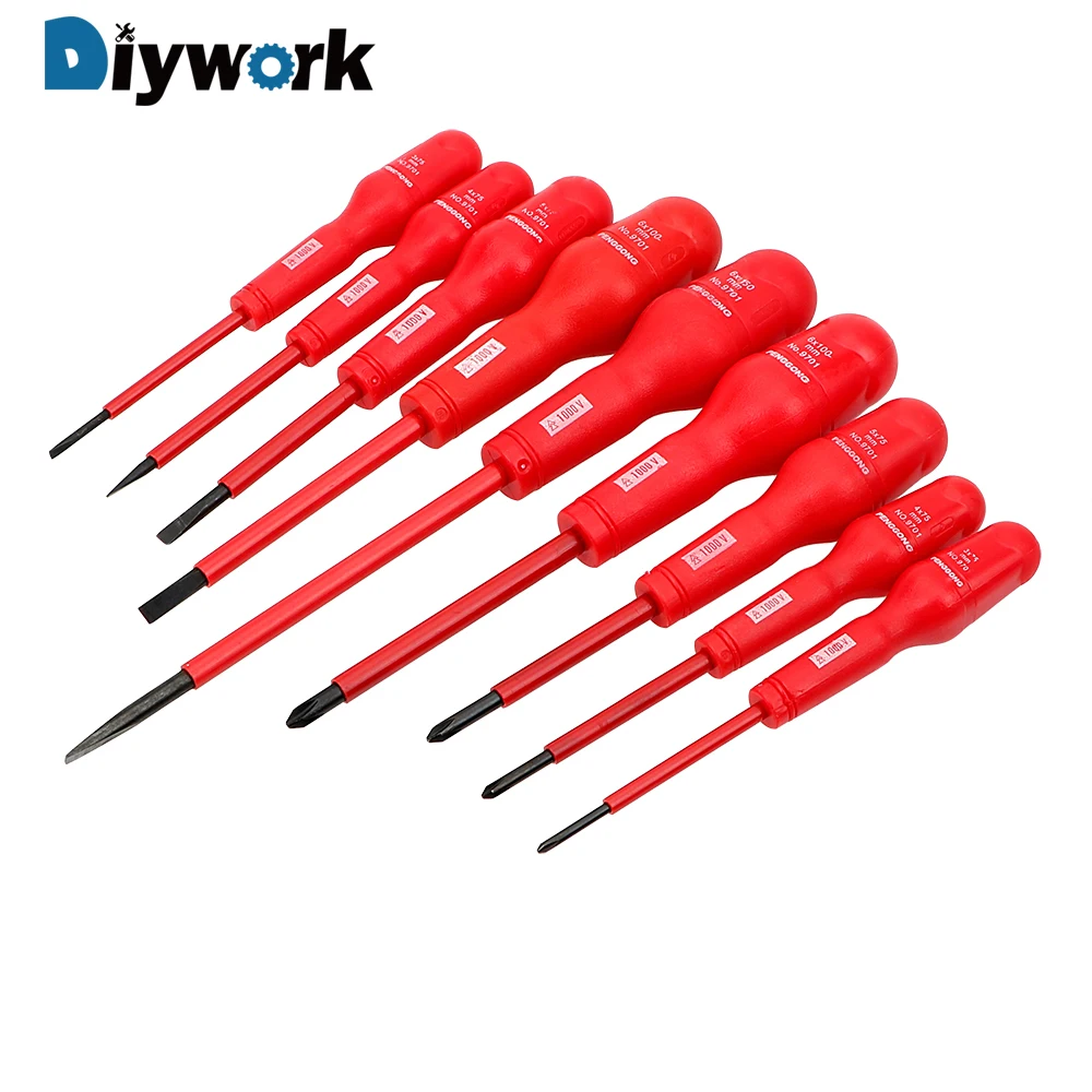 

DIYWORK 9 Pcs/set Electrician Dedicated Insulated Screwdriver Magnetic Precision CR-V 1000V Slotted Phillips Screwdriver Set