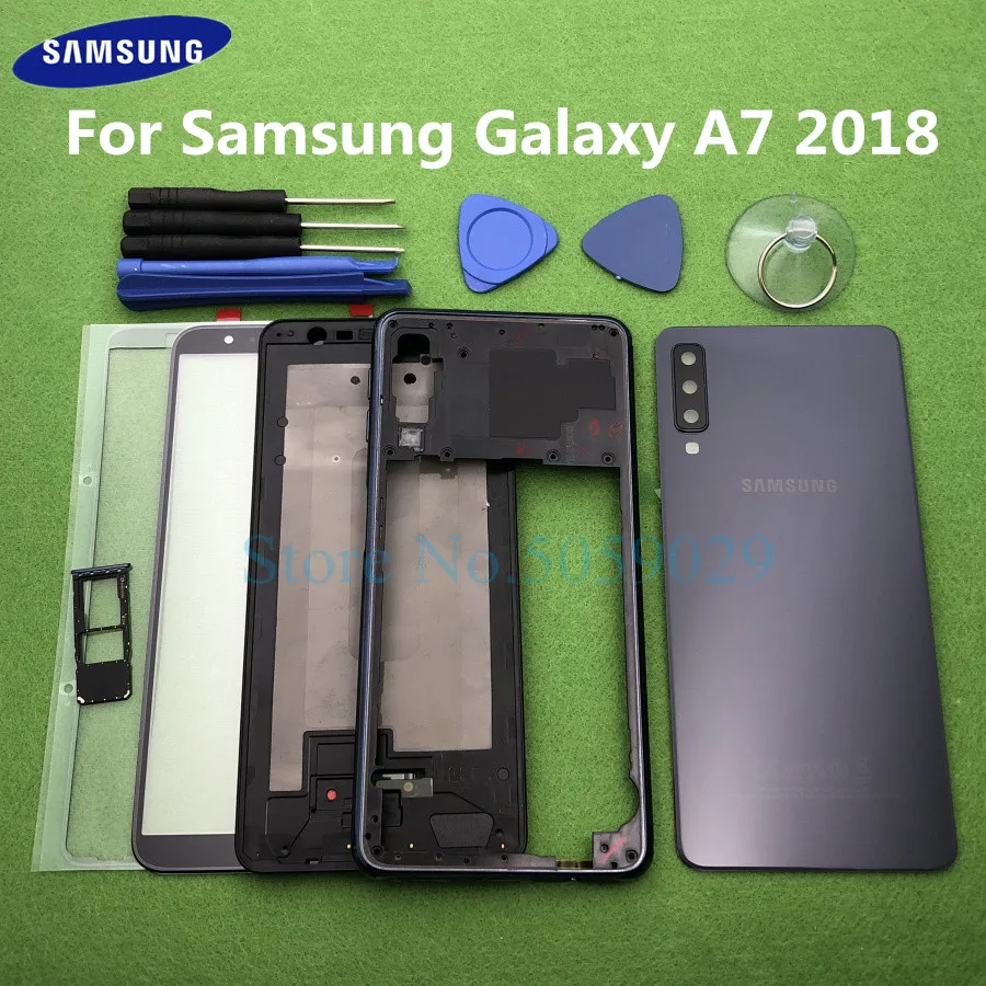 Для Samsung Galaxy A7 A750 SM-A750F полный корпус Корпус рамка средняя рамка задняя крышка+ передняя стеклянная лупа наклейка