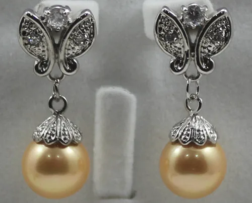 

Hot selling> wholesalesilver plated 12mm golden shell pearl butterfly earring #310 -Bride jewelry free shipping