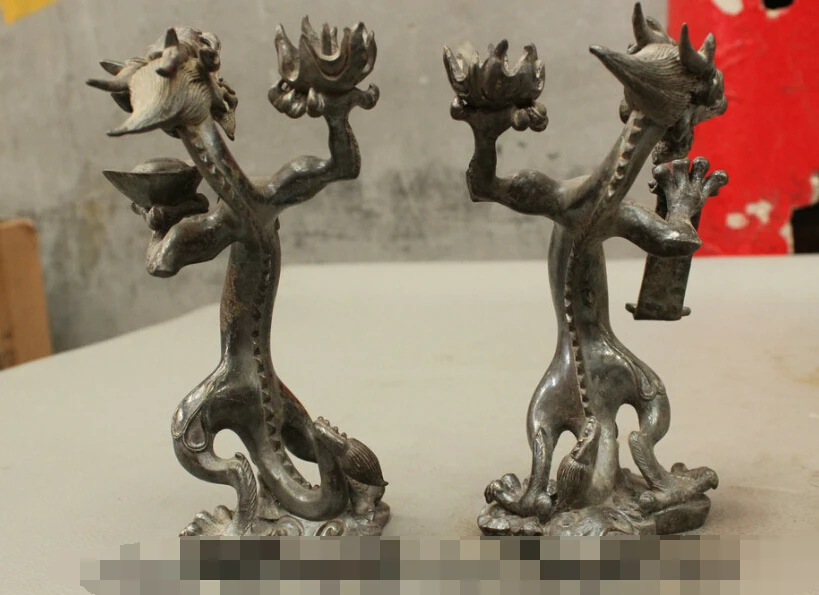 

S0246 FengShui Chinese Pure Bronze Palace Evil Dragon Statue Candle Stick Holder Pair