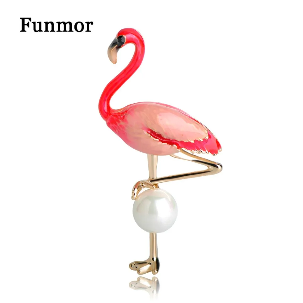 

Funmor Red Flamingo Bird Shape Brooches Gold Color Simulated Pearl Statement Bouquet Animal Brooch Women Kid Gift Bag Hat Bijoux