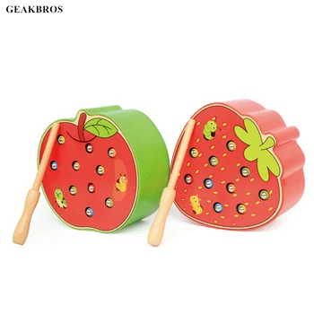 

Baby Wooden Toys Montessori 3D Puzzle Early Childhood Educational Toys Catch Worm Game Color Cognitive Magnetic Strawberry Apple