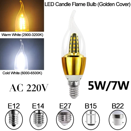 E14 светодиодный лампы в форме свечи лампы светильник E27 энергосберегающая лампа 220V 3W 5 Вт 7 Вт E12 B15 B22 Bombilla Lampara люстра домашнее украшение точечный светильник - Испускаемый цвет: Golden Flame 220V