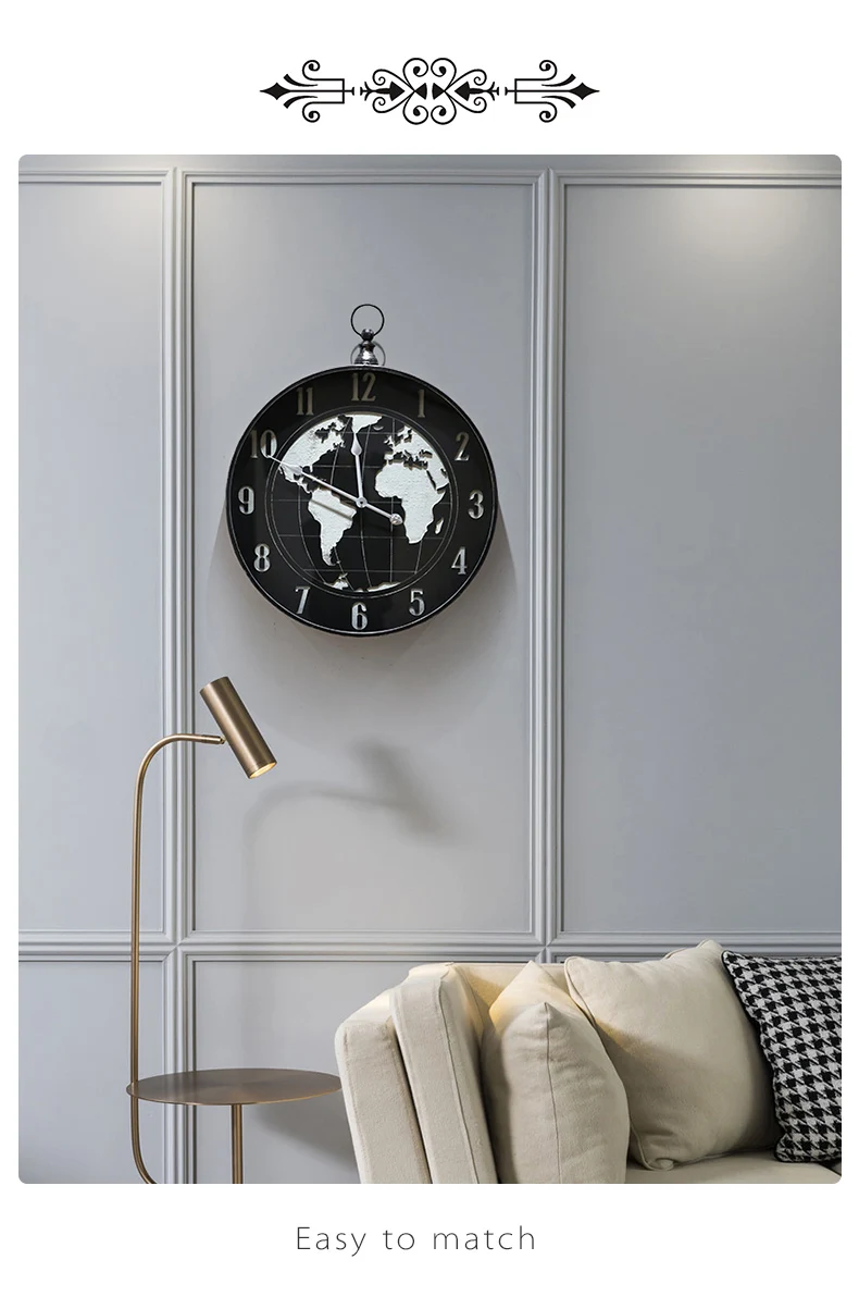Современные европейские карты мира большие металлические цифровые настенные часы, средиземноморская гостиная круглые бесшумные настенные часы