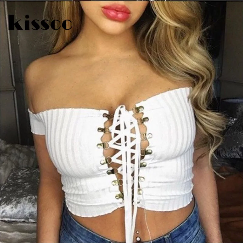 

Kisscc Sexy Tie Straps Strapless Tees Off Shoulder Bodycon Slash Neck Tops Short Sleeve Cut Out Summer Party Tops