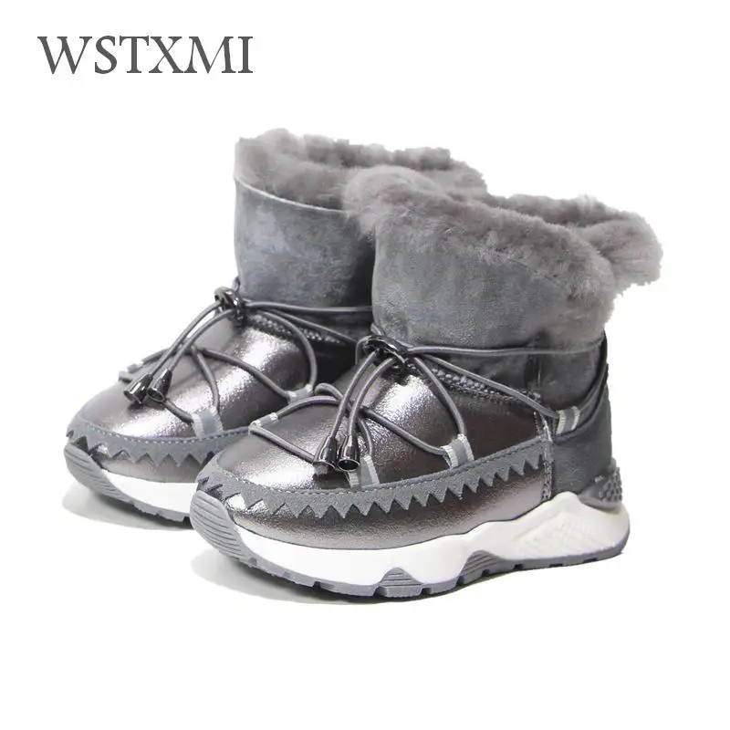 Зимние детские ботинки из натуральной кожи для девочек; зимние ботинки для детей; меховые теплые модные ботинки до середины икры с блестками; хлопковые резиновые ботинки для мальчиков