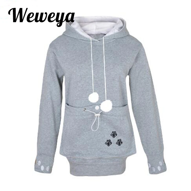 Weweya Women Hoodies Hooded Cat Kangaroo Dog Pet Paw Emboridery Hoodie