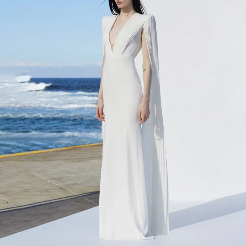 

White Dress Women Wedding Bridesmaid Luxury Elegant Sexy Big Pendulum V-neck Slim Fit Ladies Solid Summer Long Dress
