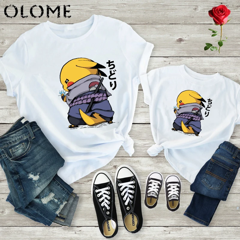 

Pikachu Samurai Print pokemon Family matching clothes Fashion Pikachu Naruto tops father mother and son daughter Casual t shirts