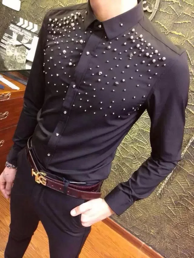 M XXL ! 2016 Men's clothing new fashion autumn punk rivet shirt rivet paillette long sleeve slim
