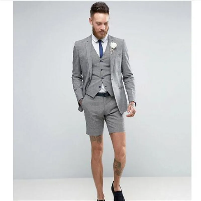 Серый пиджак шорты летний элегантный мужской костюм 3 шт.(пиджак+ брюки+ жилет+ галстук) Повседневный мягкий смокинг под заказ блейзер - Цвет: as the image