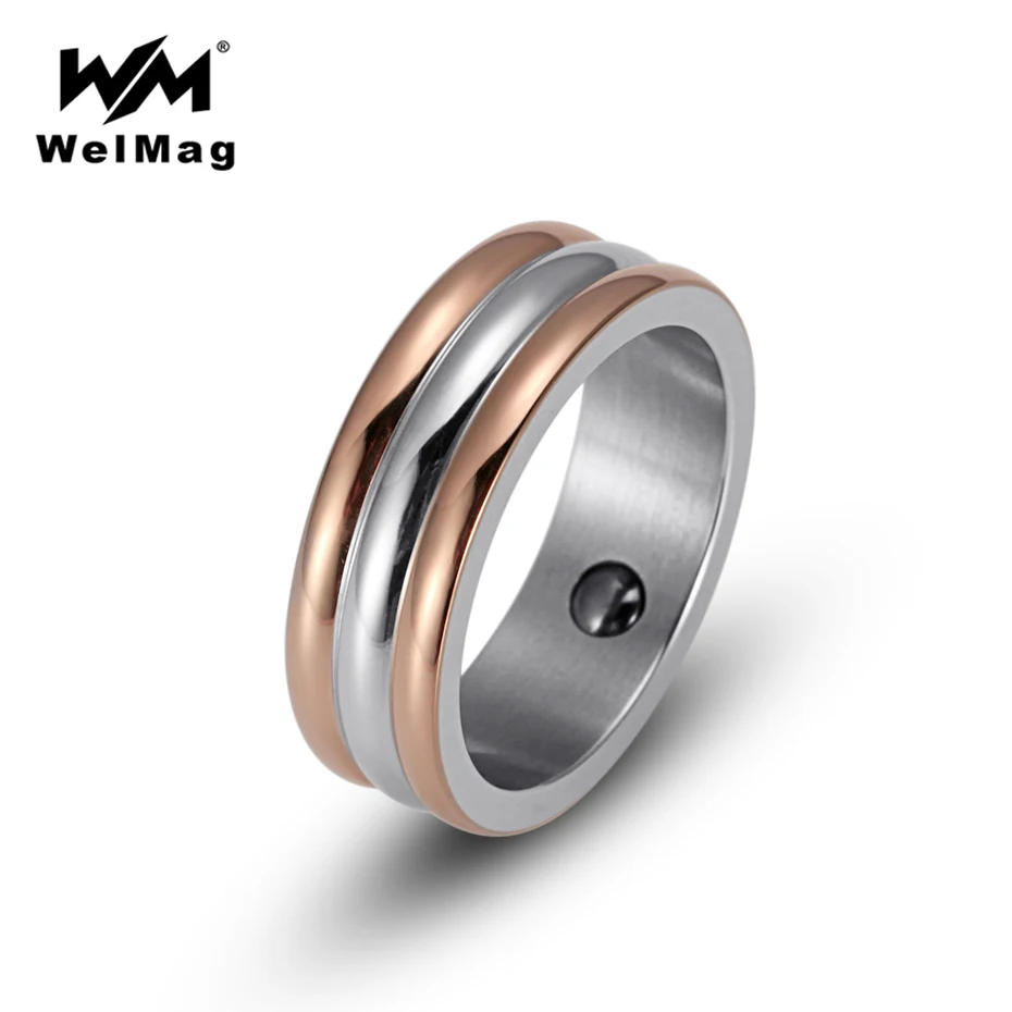 

WelMag Fashion Titanium Steel Unisex Ring Hematite Health magnet Ring Bio Energy Stainless Steel Wedding Band Ring for Men Women