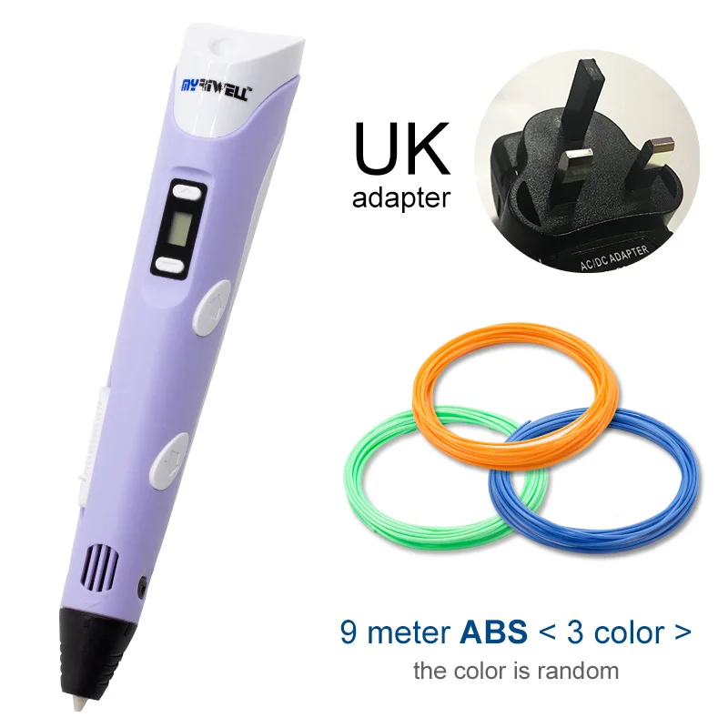 Purple UK Myriwell, 3D ручка, светодиодный экран, сделай сам, 3D Ручка для печати, 100 м, ABS нити, креативная игрушка, подарок для детей, дизайнерский рисунок - Цвет: Purple UK