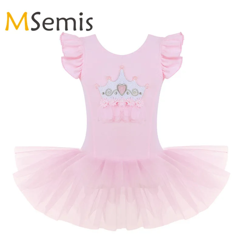 

Kids Girls Tutu Ballet Dress Gymnastics Leotard Dress Professional Stage Performance Mesh Ruffled Crown Applique Ballet Dress