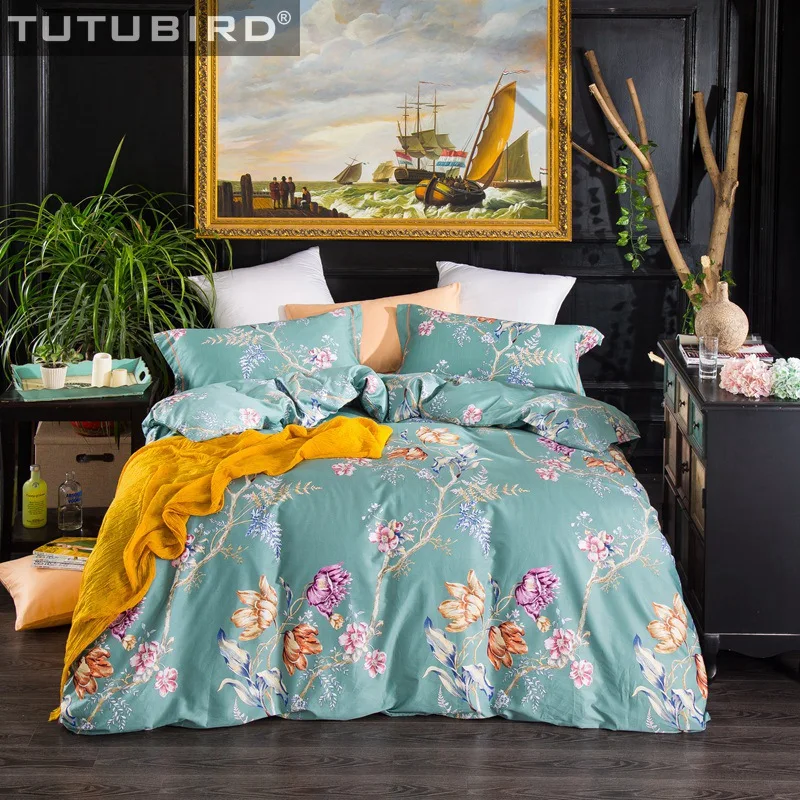 

100% Egyptian cotton high density linen spread bedding set blue floral flower print bedclothes duvet cover queen king size