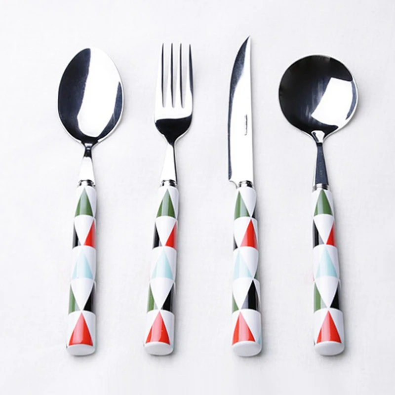 

Nordic Style Stainless Steel Dinnerware Set Triangular Ceramics Handle Tableware Set Cutlery Western Food Sccoop Fork 4pcs/Set