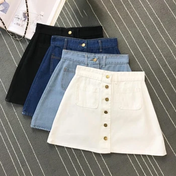 

Summer Denim Jeans Skirts Single Button Korean Vintage Denim Skirts Women Pockets Short Mini Skirt Sexy High Waist A-Line V054