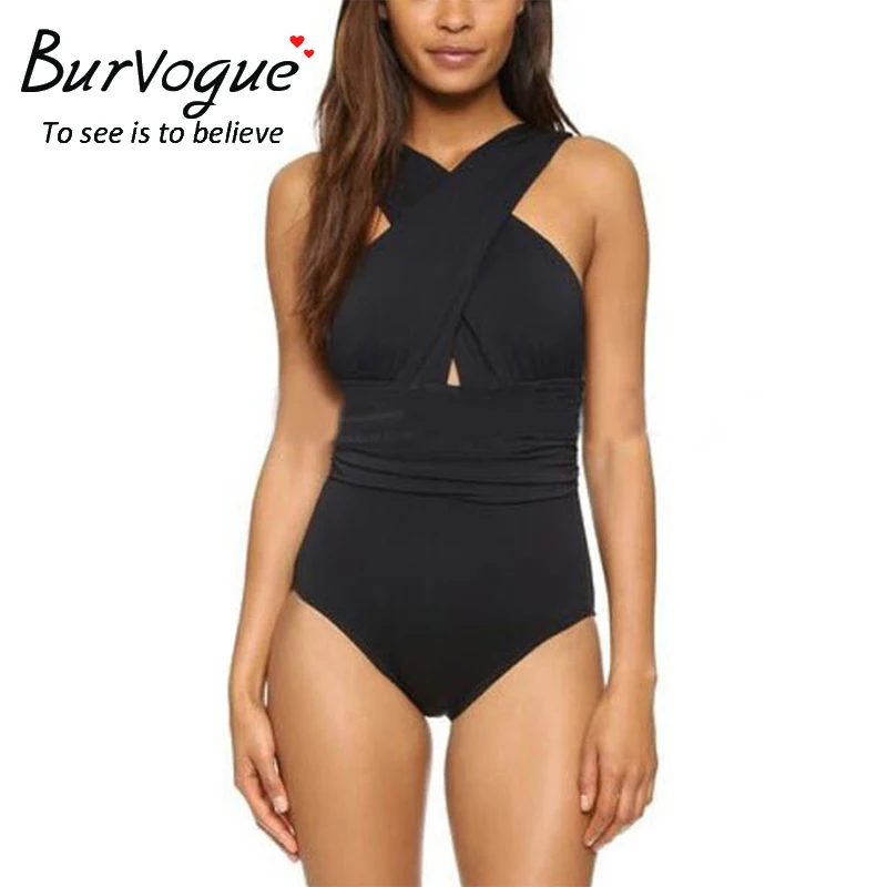 

Burvogue Front Cross One Piece Swimsuit Women Swimwear Summer New Monokini Swimwear Black Padding Bikini Set Sexy Swimsuit