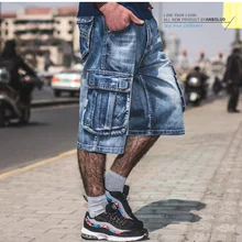 Большие размеры 40, 42, 44, 46, мужские шорты-карго в стиле хип-хоп, джинсовые шорты до колен, Свободные мешковатые джинсовые шорты с несколькими карманами