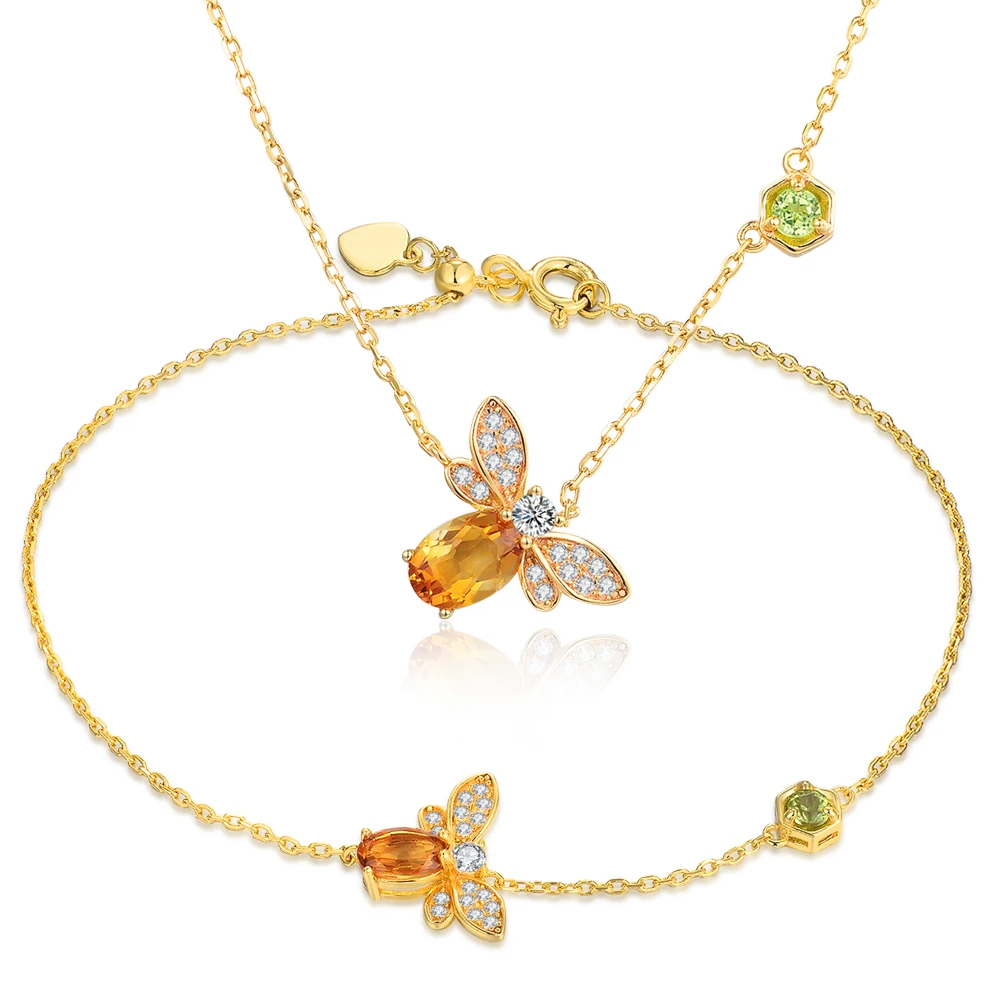 

LAMOON Amber Jewelry Sets 925 Sterling Silver Fine Jewelry Animal Bee 1ct Natural Citrine Bracelet Chain Long Necklace Fashion
