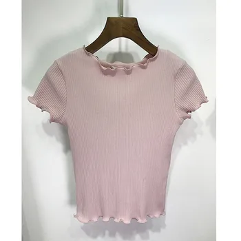 

Autumn Women Basic Tees Ruffled Shirt Trimmings Ribbed Crop Tops Solid Fashion Short Sleeve Soft And Stretchy Short Tees Female