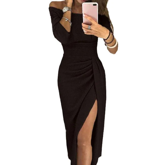 Женское сексуальное платье с разрезом, элегантная посылка, платье для хип-клуба, Осень-зима, серые вечерние платья с открытыми плечами, Femme Robe PL0160M - Цвет: Black