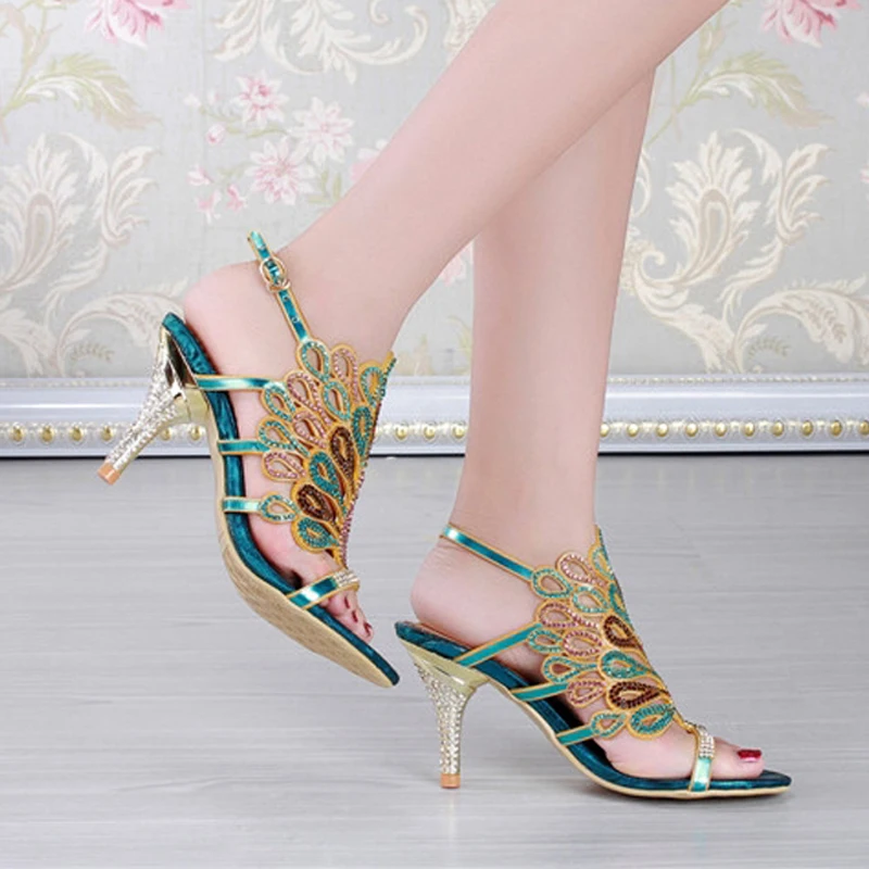 Ladies 8cm Heel Blue Rhinestone Sandals Wedding Shoes
