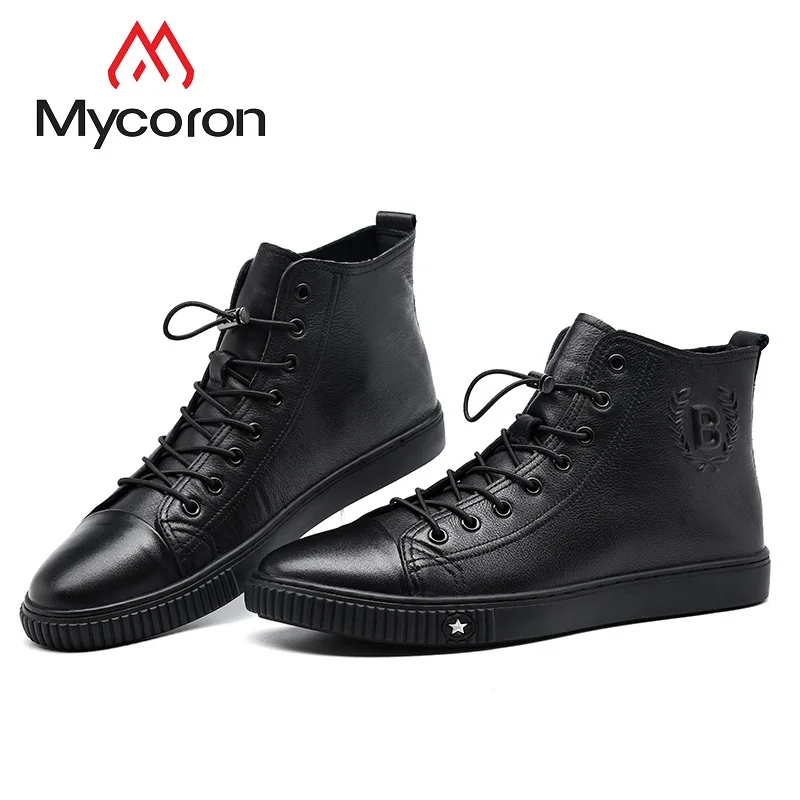 

MYCORON New Fashion Genuine Leather Men Boots Men High Top Martin Boots Black Motorcycle Shoes Leisure Coturnos Masculino