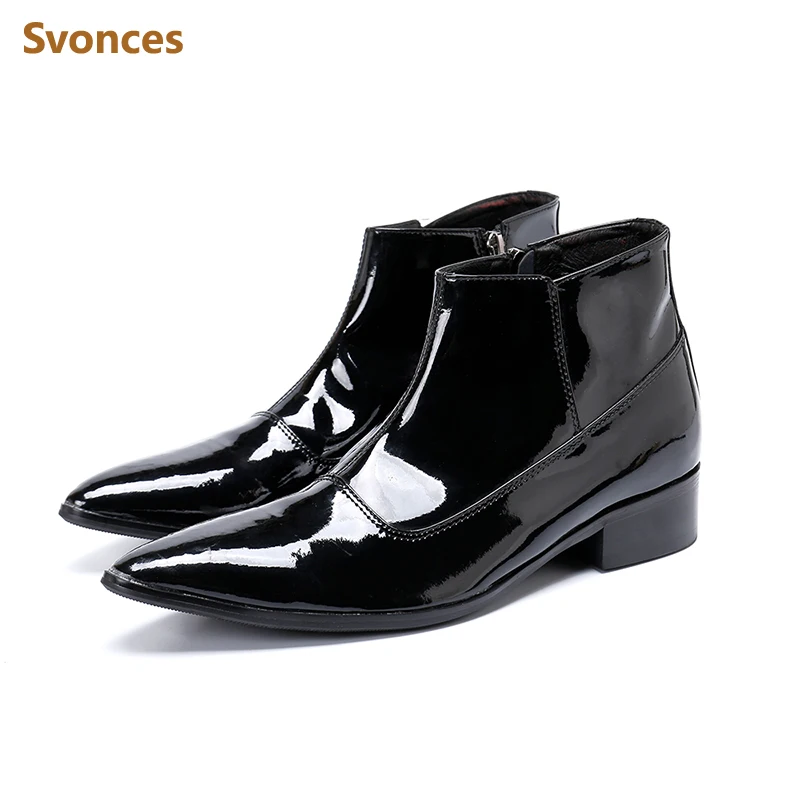 Bling Shinning Leather Fashion Mens Ankle Boots Luxury Black Pointed