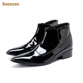 

Bling Shinning Leather Fashion Mens Ankle Boots Luxury Black Pointed Toe Dressing Shoes For Man Brand Gentleman Casual Shoes Men