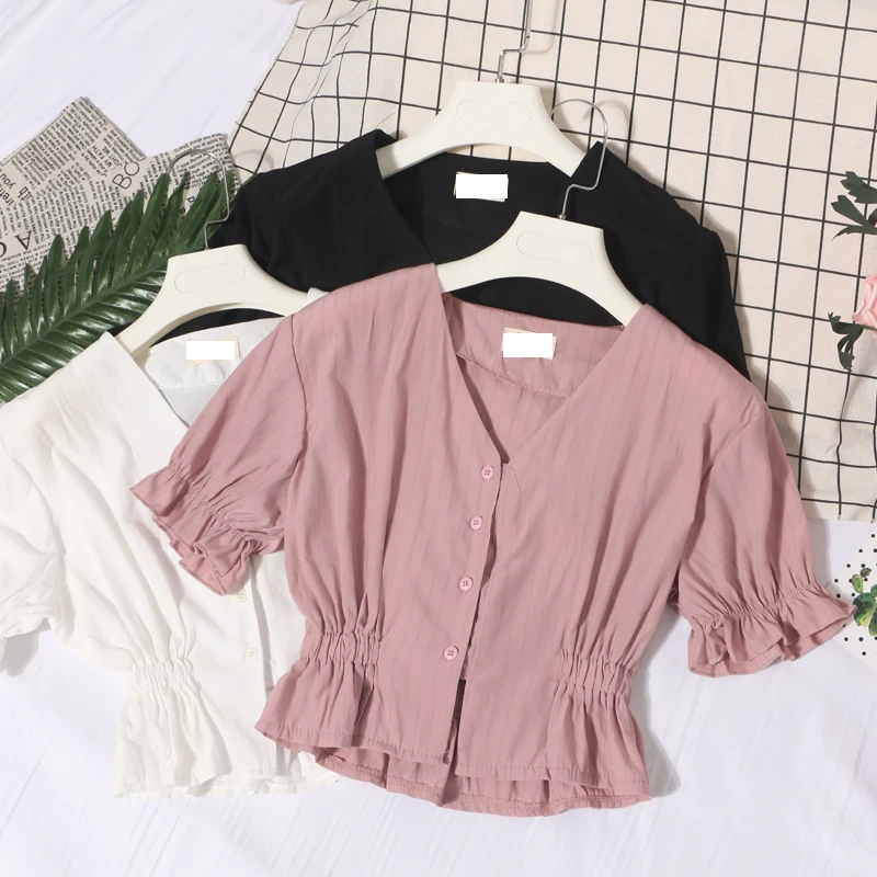 

HISUMA Women Summer V-neck Flare Sleeve Striped Cardigan Button Basic Shirt Vintage Short Slim Sexy Pullover Ruffles Blouse Tops