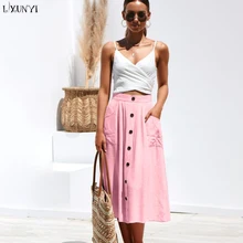 LXUNYI Новинка Женская Четырехцветная многорядная Пряжка Свободная юбка с карманами черная юбка длинная юбка женская